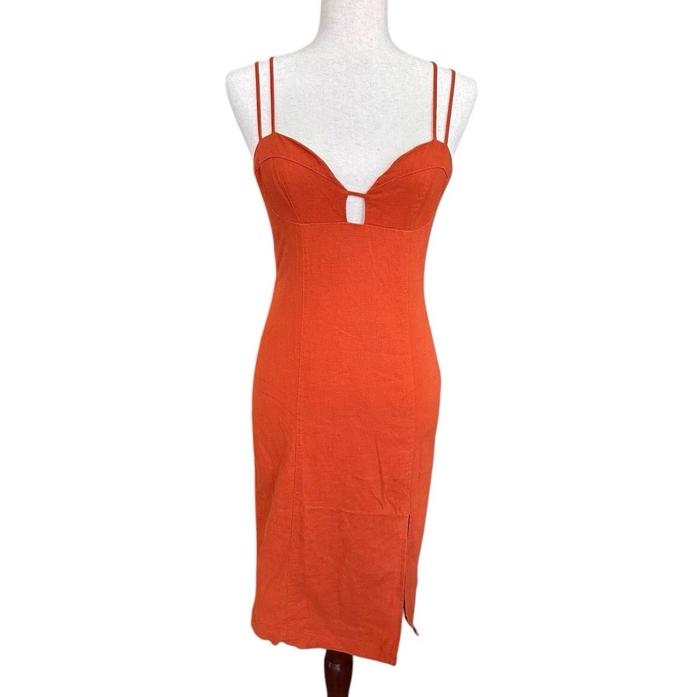 Forever 21 Rust Linen Dress Sleeveless Lined Adjustable Straps Cut Out Sexy SM